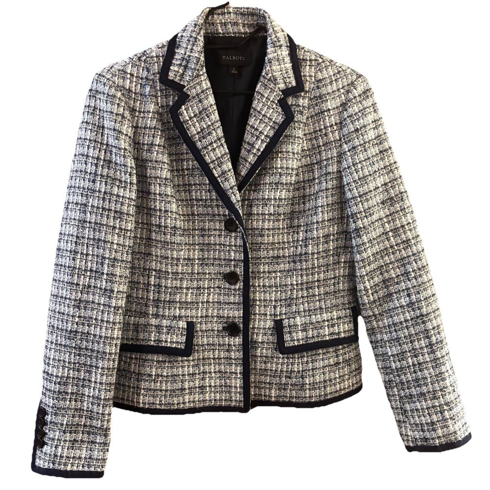 Talbots Sz 6 Blazer Blue White Tweed Career Wear Light Academia Cotton Polyester